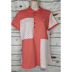 Ralph Lauren Coral Polo Polka Dot Top L Womens Golf Tennis Pique Short Sleeves